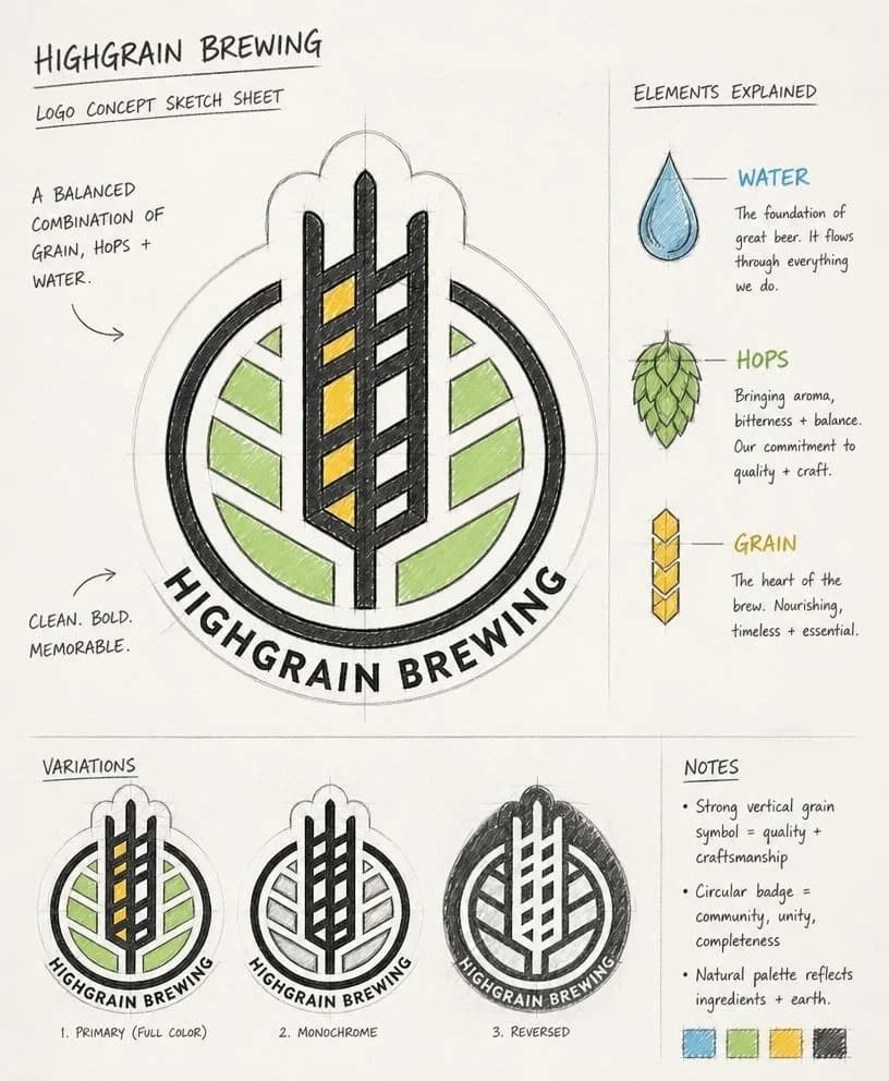 HighGrain Brewing logo concept sketch sheet: a grain stalk inside an open circle with green hop-leaf inserts, with notes explaining water, hops and grain