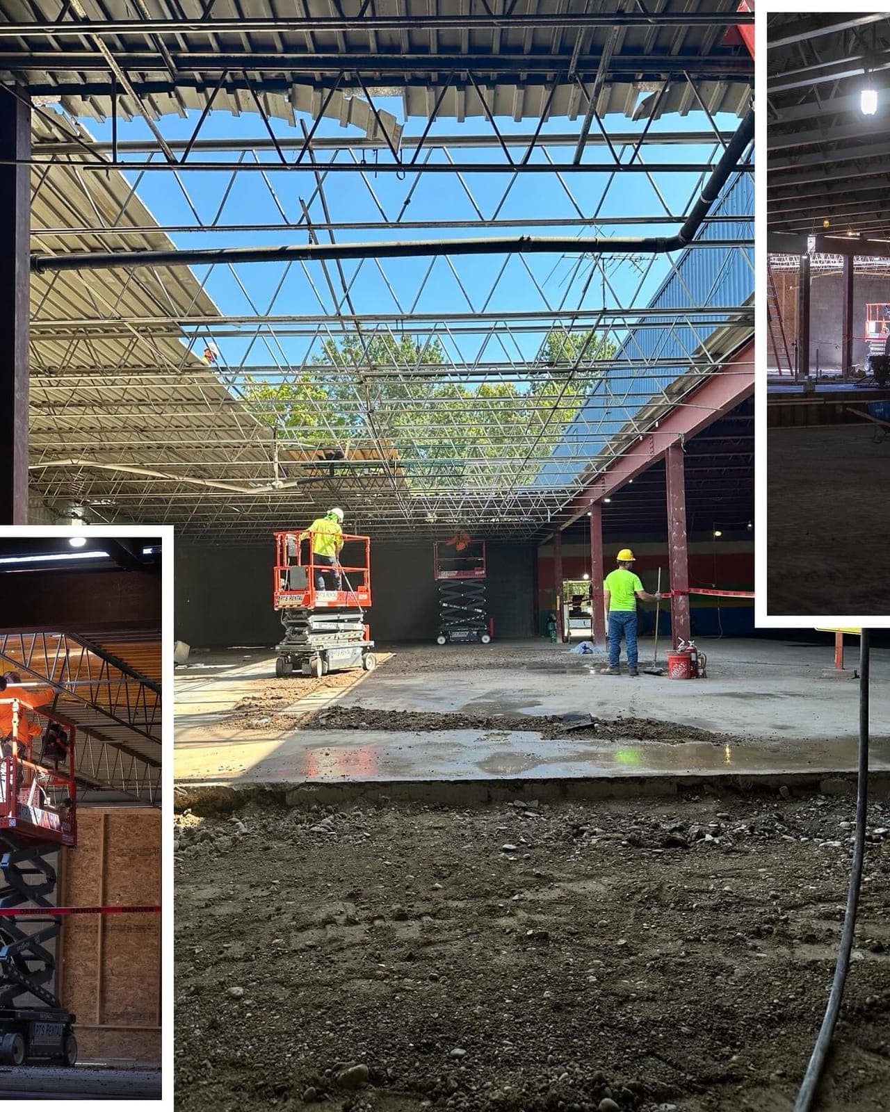 Scissor lifts under the opened brewery roof