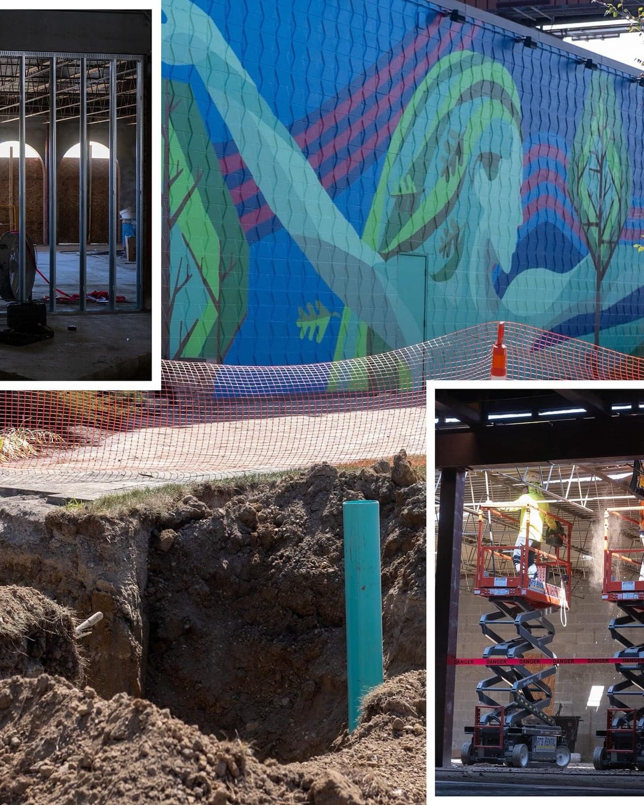The outdoor mural beside a utility trench and new piping