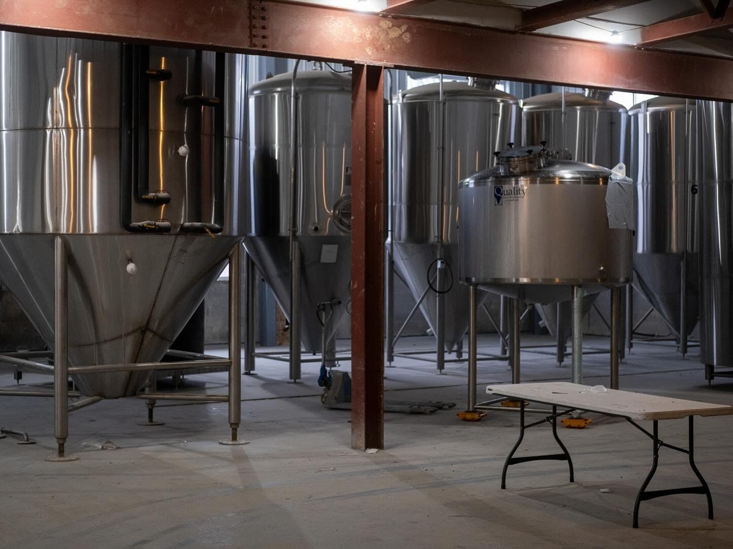 The new brewing tanks installed in the production brewery