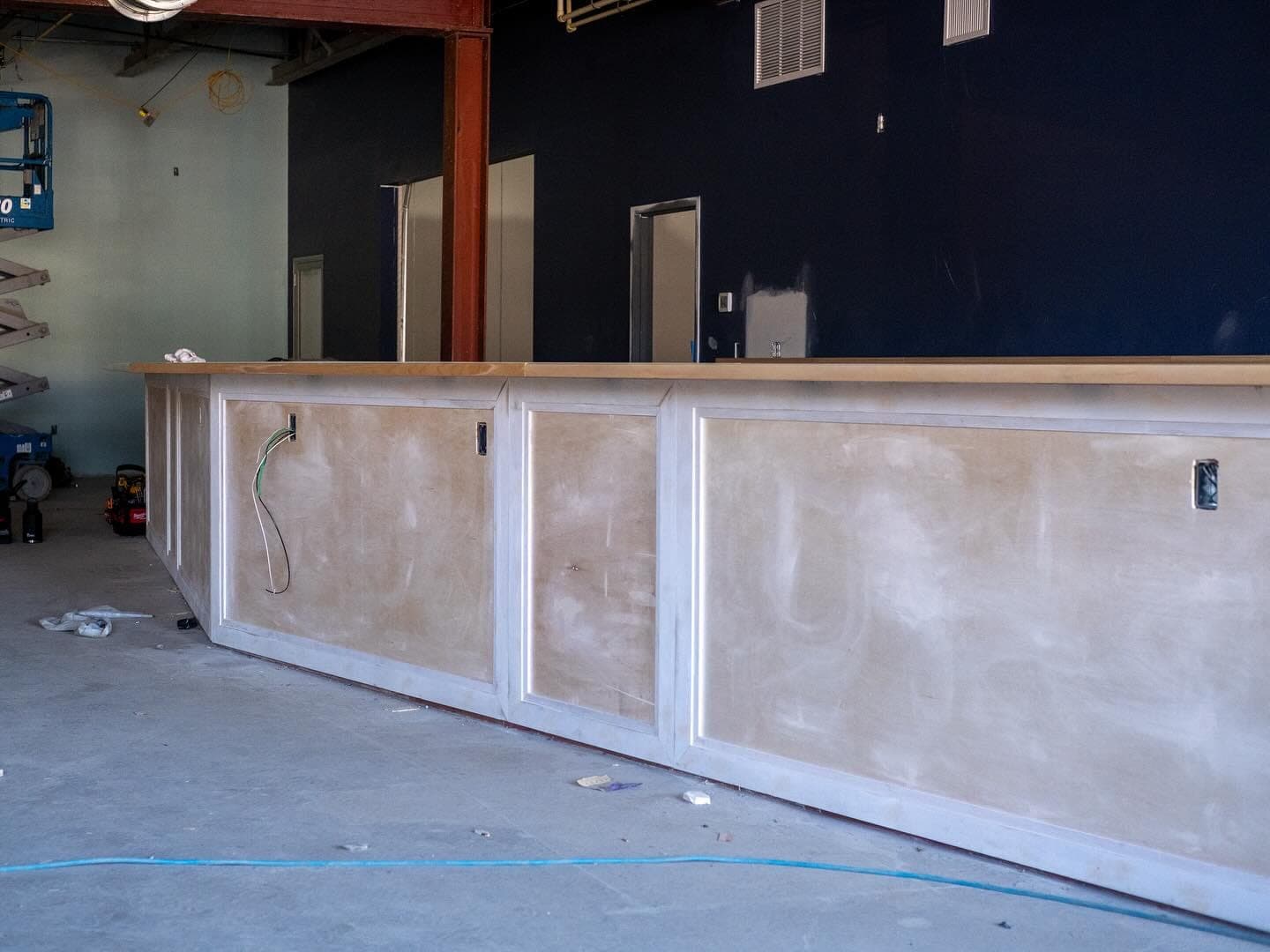 The bar front taking shape in the dining room