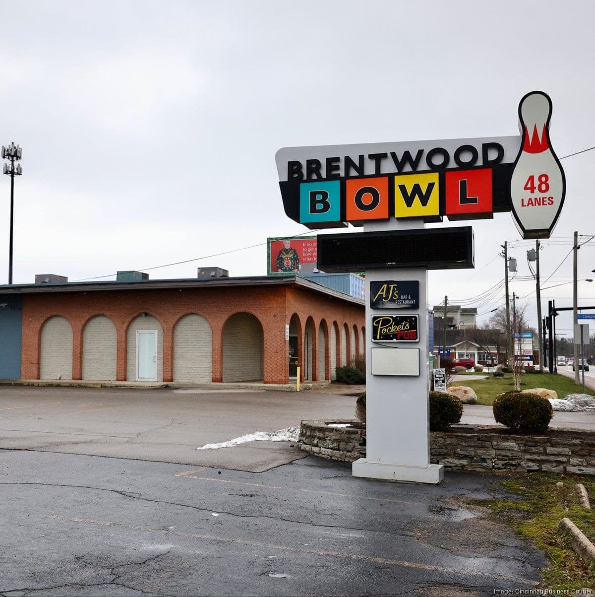 The Brentwood Bowl sign and building on a gray winter day